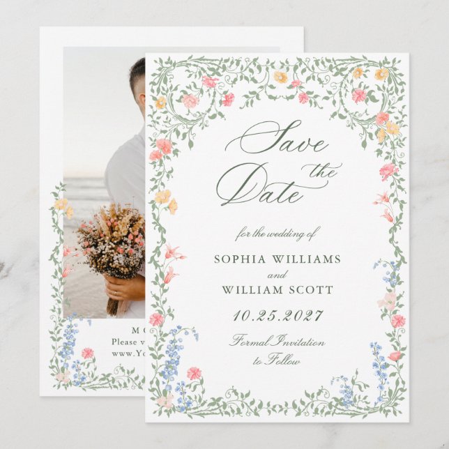 Meadow Pastel French Roses Floral Photo Wedding Save The Date (Front/Back)