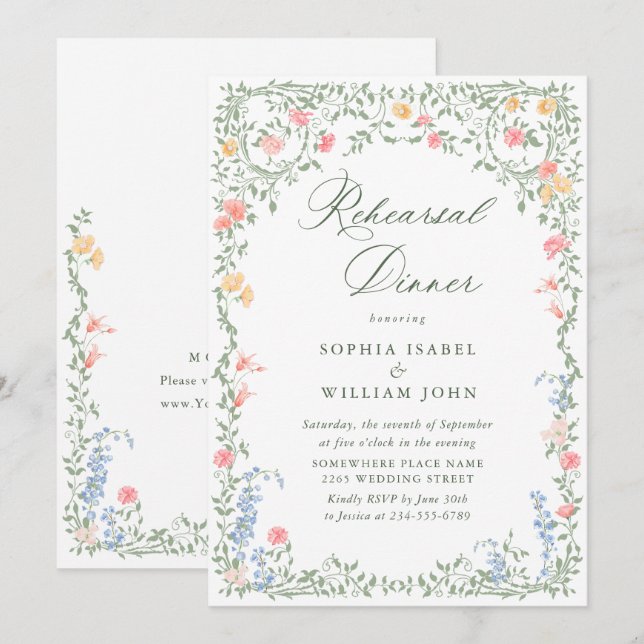 Meadow Pastel French Roses Floral Rehearsal Dinner Invitation (Front/Back)