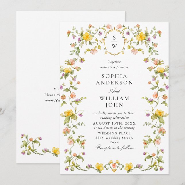 Meadow Pastel French Roses Floral Wedding Invitation (Front/Back)