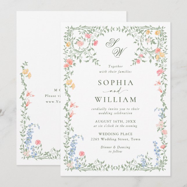 Meadow Pastel French Roses Floral Wedding Invitation (Front/Back)