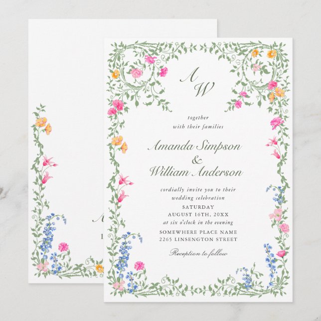Meadow Pastel French Roses Floral Wedding Invitation (Front/Back)