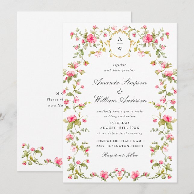 Meadow Pastel French Roses Floral Wedding Invitation (Front/Back)