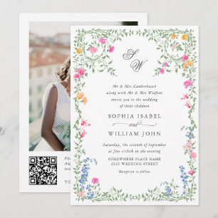 Meadow Pastel French Roses Floral Wedding QR code Invitation
