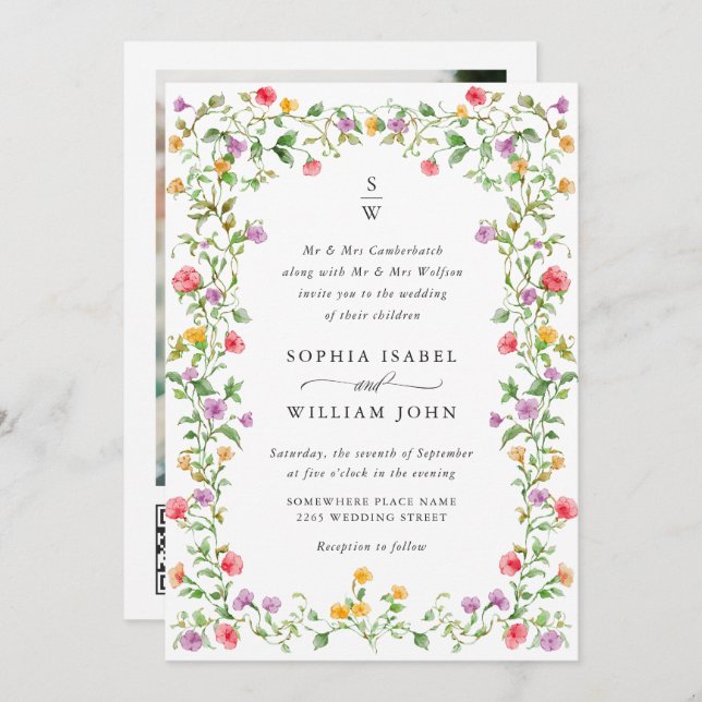 Meadow Pastel French Roses Floral Wedding QR code Invitation (Front/Back)