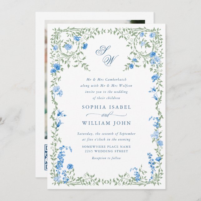 Meadow Pastel French Roses Floral Wedding QR code Invitation (Front/Back)