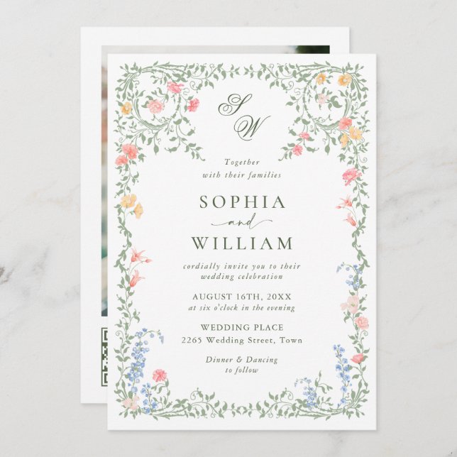 Meadow Pastel French Roses Floral Wedding QR code Invitation (Front/Back)