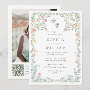 Meadow Pastel French Roses Floral Wedding QR code Invitation