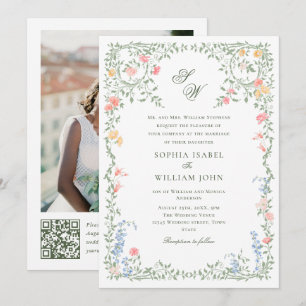 Meadow Pastel French Roses Floral Wedding QR code Invitation