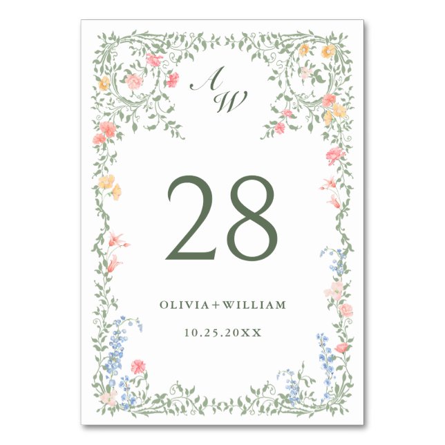 Meadow Pastel French Roses Floral Wedding Table Number (Front)