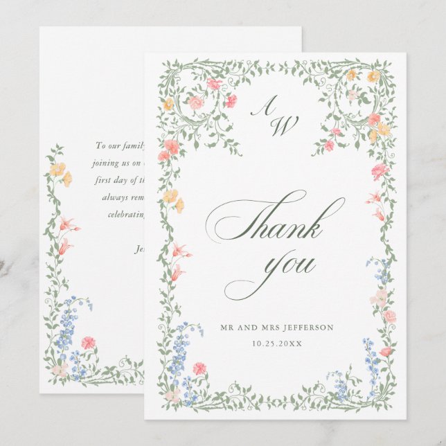 Meadow Pastel French Roses Floral Wedding Thank You Card (Front/Back)