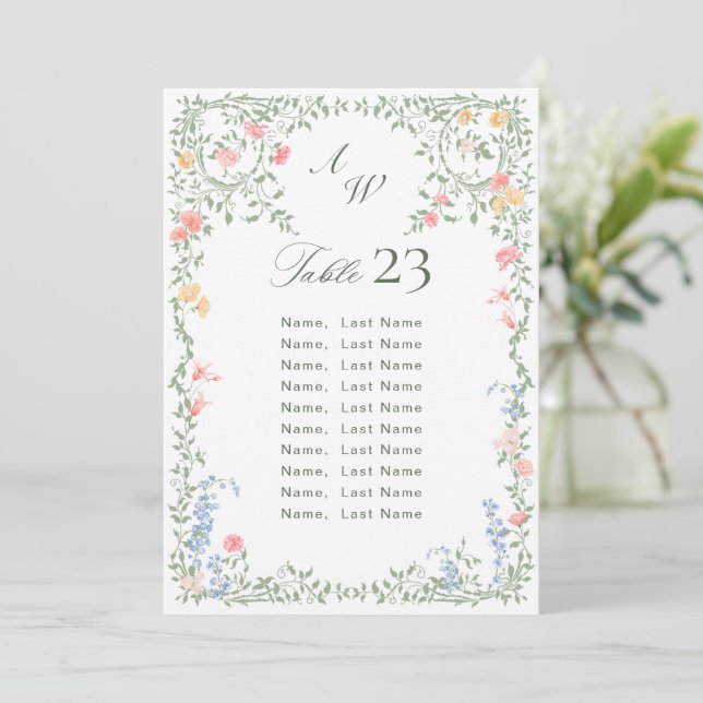 Meadow Pastel French Roses Seating Chart Card (Standing Front)
