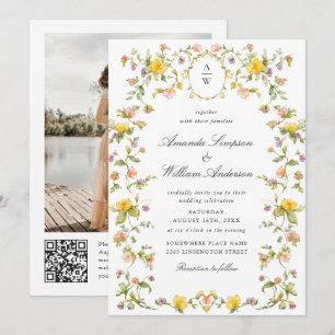 Meadow Pastel Roses Floral Wedding QR code Photo Invitation
