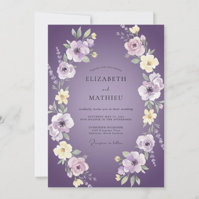 Meadow Plum Violet Leafy Wedding Invitation (Front)