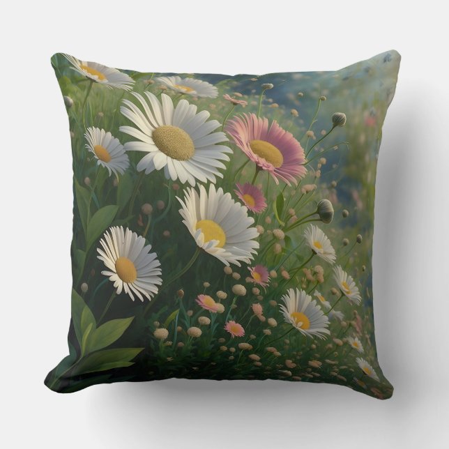 Meadow Whispers: A Daisy Symphony in Bloom Throw Pillow (Front)