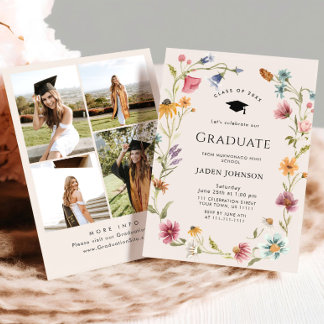 Meadow Wildflower Boho 4 Photo Graduation Party Invitation