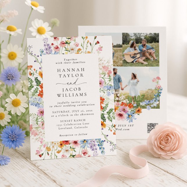 Meadow Wildflower QR Code Three Photo Wedding Invitation (Creator Uploaded)