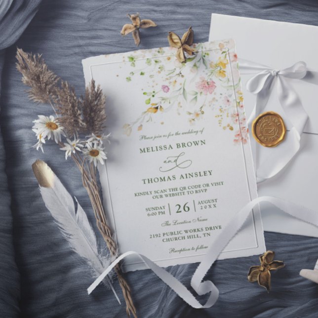 Meadow Wildflowers Boho Budget QR Code Wedding Invitation (Creator Uploaded)