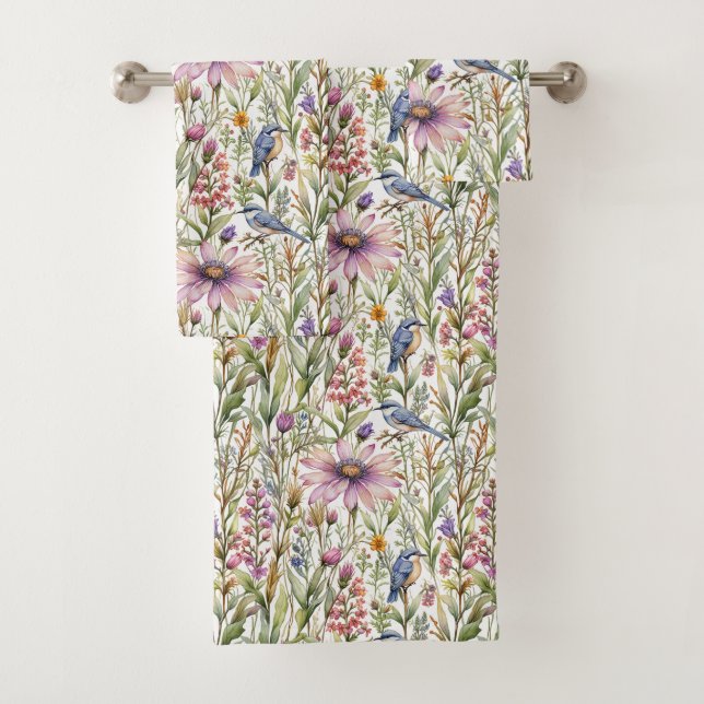 Meadow with Bluebirds and Coneflowers Bath Towel Set (Insitu)