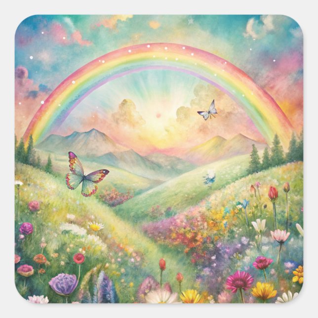 Meadow with Flowers and Butterflies and a Rainbow Square Sticker (Front)