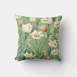 Meadow with Tulips and Wildflowers Throw Pillow
