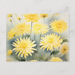 Meadow With Watercolor Chrysanthemums Postcard