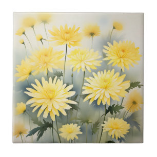 Meadow With Watercolor Chrysanthemums Tile