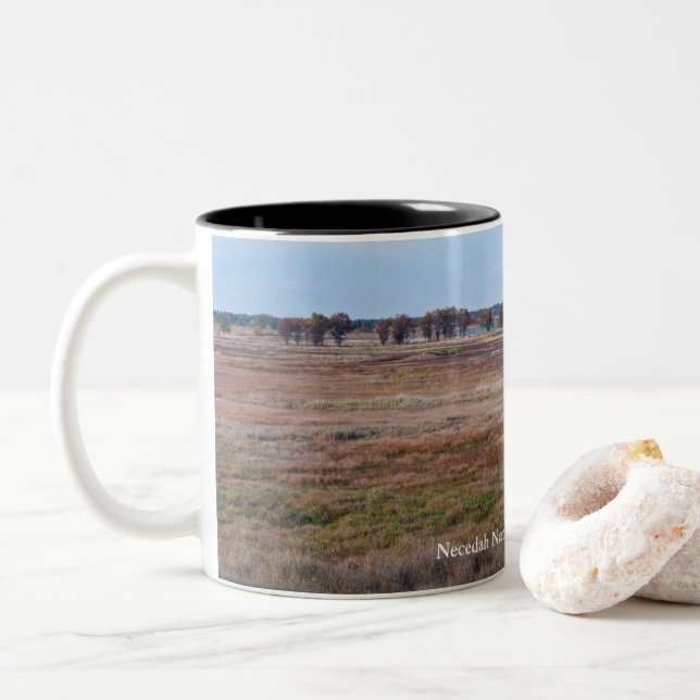 meadows and marshes of necedah Two-Tone coffee mug (With Donut)