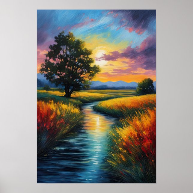 Meadow's Glow, Sunset and River Poster (Front)