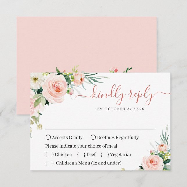 MEAL CHOICE Pink Blush Flowers Greenery Wedding RSVP Card (Front/Back)