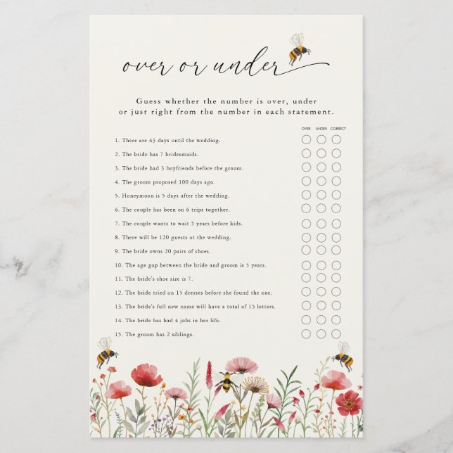 Meant To Bee Over or Under Bridal Shower Game Card (Front)