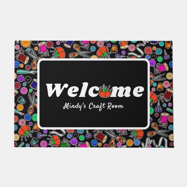 Measure Twice Cut Once Sewing Supplies on Black Doormat (Front)