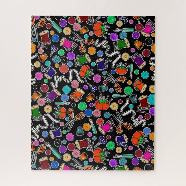 Measure Twice Cut Once Sewing Supplies on Black Jigsaw Puzzle (Vertical)