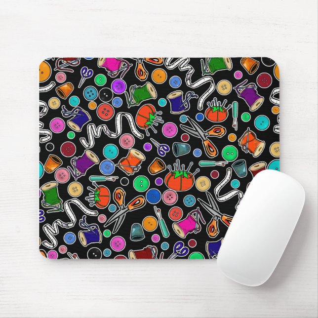 Measure Twice Cut Once Sewing Supplies on Black Mouse Pad (With Mouse)