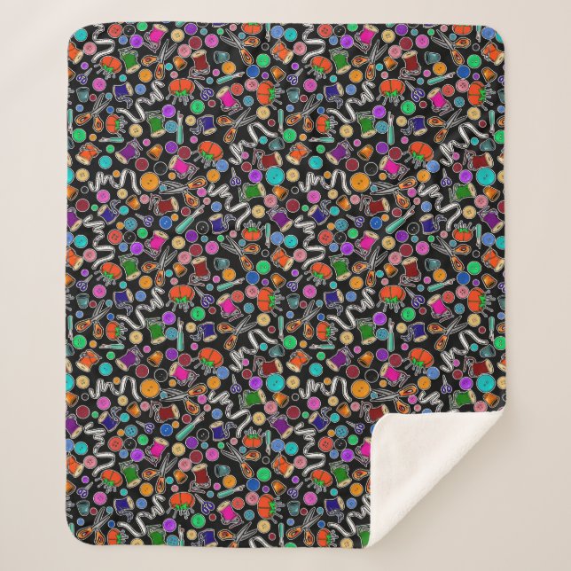 Measure Twice Cut Once Sewing Supplies on Black Sherpa Blanket (Front)