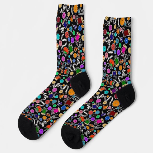 Measure Twice Cut Once Sewing Supplies on Black Socks (Left)