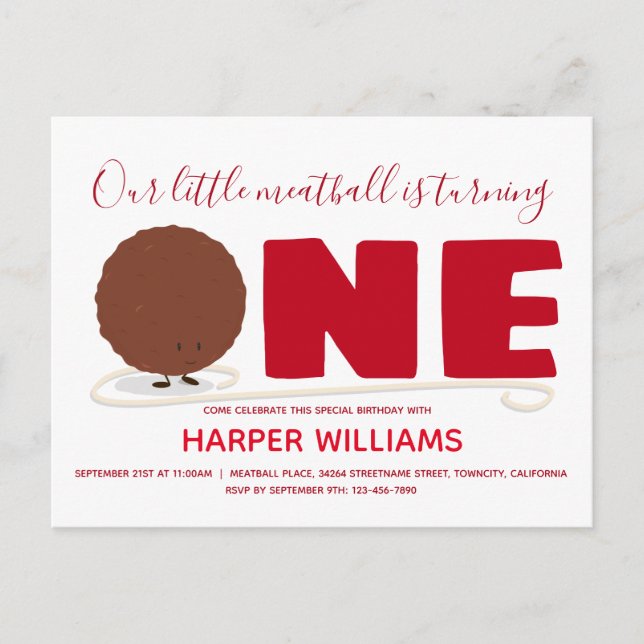 Meatball One First Birthday Invitation Carte posta (Devant)