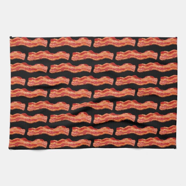 Meaty Bacon Pattern Black Background Kitchen Towel (Horizontal)