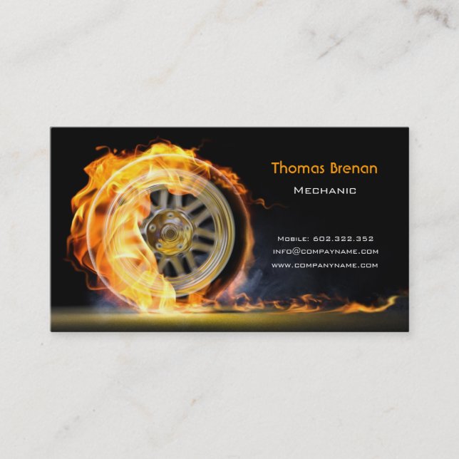 Mechanic Automotive Wheel Speed Flame Black Business Card (Front)