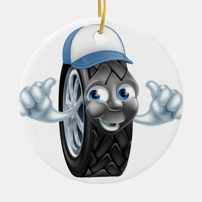 Mechanic cartoon tire giving thumbs up ceramic ornament (Front)