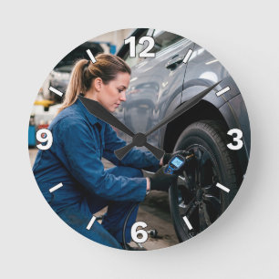 Mechanic Checking Tire Pressure Automotive Garage Round Clock