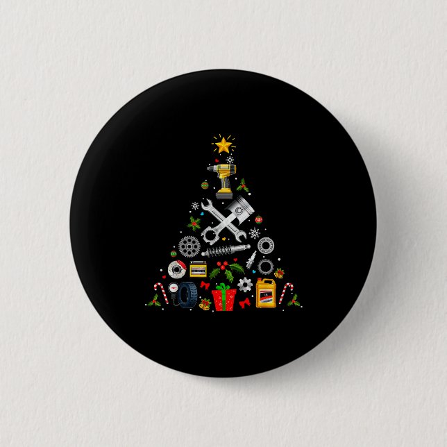 Mechanic Christmas Ornament Tree In Garage Car Mec 2 Inch Round Button (Front)