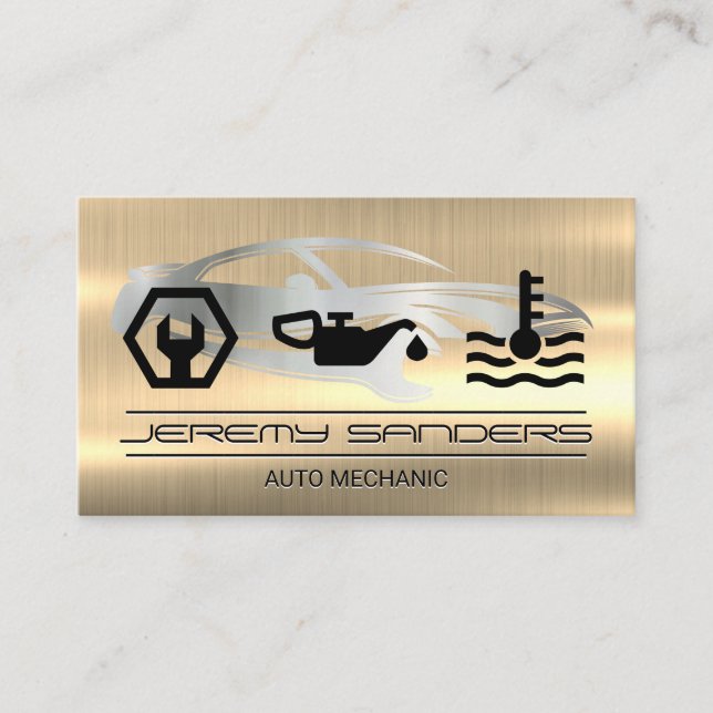 Mechanic | Gold Metal | Auto Icons Business Card (Front)