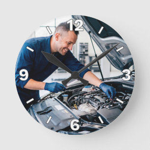 Mechanic Inspecting Car Engine Garage Decor Round Clock