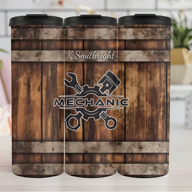 Mechanic Logo Wood Barrel Rustic Thermal Tumbler (Creator Uploaded)