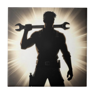 Mechanic Silhouette Wrench Over Shoulder Tile