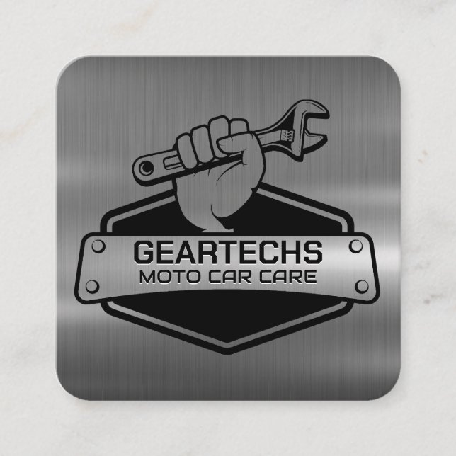 Mechanic with Wrench | Metallic Brushed Square Business Card (Front)