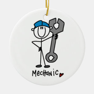 Mechanic With Wrench Stick Figure Ceramic Ornament