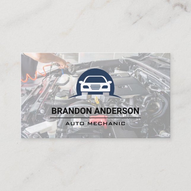 Mechanic Working on Engine | Car Logo Business Card (Front)