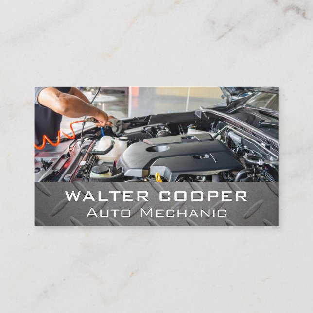 Mechanic working on Engine | Steel Business Card (Front)
