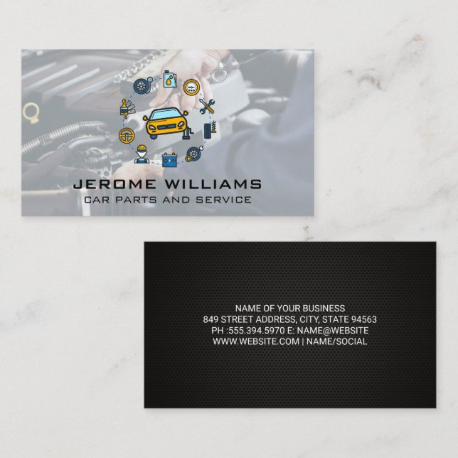 Mechanic Working on Engine with Wrench Business Card (Front/Back)